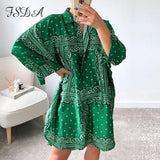 2021 Autumn V Neck Shirt Dress Women Long Sleeve Print Blue Loose Beach Sexy Green Party Casual