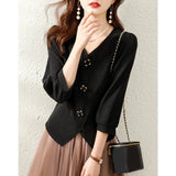 Niche Shirt Women 2025 Spring New Seven-Sleeve V-Necked Black Waist-Skinny Blouse