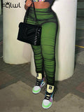 Autumn Streetwear Skinny Pants Women 2022 High Waist Casual Elastic Patchwork Ruched Green Pants Fashion Trousers