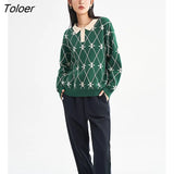 Women Sweaters 2022 Winter Long Sleeves Polo Neck with Button Loose Knit Cardigan Diamond Check Green Casual Chic