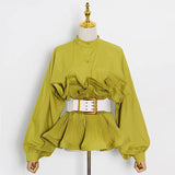 Solid Casual Shirt For Women Stand Collar Long Sleeve Patchwork Sashes Fold Pleated Shirts Female 2022 Spring