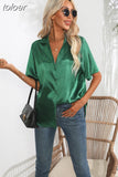 Summer Short Sleeve Shirt Solid Satin Silk Shirt Button Up Blouse Loose Office Ladies Tops Casual Shirts Elegant