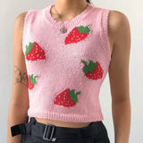 Strawberry Sweaters Pink Crop Top Sleeveless O Neck Cute Tank Top Preppy Style Retro Knitwear Jumper Autumn Winter