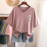 100% Cotton L-6XL T Shirt Plus Size Tshirt Short Sleeve Women Top Summer Japan Cartoon Print V Neck Oversized T