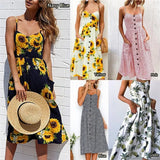 Summer Flower Dress Sexy Spaghetti Strap Floral Printed Sundress Fashion Backless Pocket Sunflower Plus Size Beach