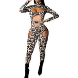 Women Bodycon Jumpsuit Solid Color Overalls Long Sleeves Rompers Bodysuits High Neck Hollow Out Buckle Biker Short
