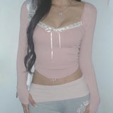 Desire Atmosphere Tie-Up Small Sexy Square Collar Low-Cut Slim Pink Long-Sleeved T-Shirt 2024 Spring / Summer New Style-Outfit