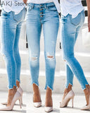 Women Jeans Casual Button Pocket Design Ripped Hole High Waist Denim