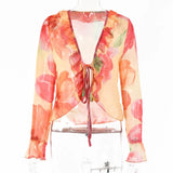Floral Print Blouse Y2K Long Sleeve See-Through Women Lace Crop Top V Neck Ruffles Spring Casual Bandage Boho Beach