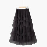 Autumn New Korean Sweet A-Line Cake Skirts Women High Waist Ruffles Mesh Skirt Vintage Kawaii Midi Faldas