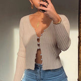 Fashion Sweaters Women Basic Single Row Button Cardigan Khaki Plain V Neck Casual Short Sweater Long