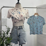 Shooting Retro Tie-Dye Double-Layer Mesh Half-High-Neck Short-Sleeved T-Shirt T-Shirt Short-Sleeved T-Shirted Woman
