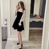 New Elegant Two Piece Dress for Women Women Winter Korean A-Line O-Neck Tops and Black Sundress Streetwear Dress