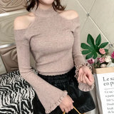 New Arrival Sueter Mujer Women Flare Long Sleeve Half Turtleneck Slim Jumper Knitted Off Shoulder Female Sweaters