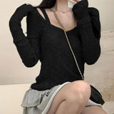 Color Simple Pit Strip Slimming Retro Fashion Single Bare Shoulder Long Sleeved Two-Piece Blouse 2024 Spring / Summer New T-Shirt-Outfit