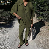 Causal Loose Trouser Suits Autumn Short Sleeve Blouse With High Wasit Pants Set Women Elegant Brown 2 Piece Pants
