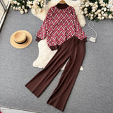Winter Retro Casual Sweater Sets Women Rhombus Print Knitwear+Elastic Waist Long Wide Leg Pants Fashion Knit