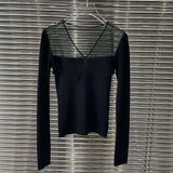 TWOTWINSTYLE Skinny T Shirt For Women V Neck Long Sleeve Patchwork Mesh Solid Slim T Shirts Female Clothes Spring New 2022