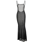 Women See Through Bodycon Long Dresses Summer Clothes 2024 Sling Backless Mesh Clothing Evening Party Dress Sexy Club Streetwear-Outfit