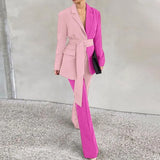 Women Suit Blazers VONDA Ladies Casual Lapel Coats Color Patchwork Autumn Office Formal Long Sleeve Thin Pant Sets no