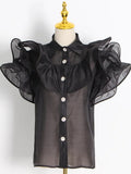 Casual Patchwork Ruffles Fashion Woman Blouses 2022 Lapel Short Sleeve Diamonds Button Through Shirts Female