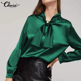 Women Elegant Satin Blouse 2022 Fashion Bow Tie Office Tops Long Sleeve Casual Autumn Slik Shirts Oversized Party