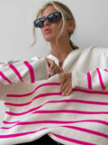 Women's Striped Half Zipper Knitting Sweaters Chic Long Sleeve Pullover Jumper 2022 Autumn Vintage Thick Warm Female