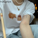 Summer Woman Tshirts Cat Print Fashion Shirts for Women O-neck Short Sleeve White Tees Y2k T-shirt Oversized Tops Femme-Outfit