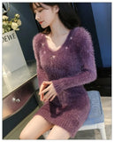 Mink Furry Sweater Women Autumn Winter Embroidery Elasticity Knit Bottoming Pullover Hippocampus Sexy Package Hip