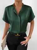 Women's Dress Solid Color Satin Short-Sleeved Shirt With Shoulder Collar Short-Sleeved Shirt Satin Shirt-Outfit