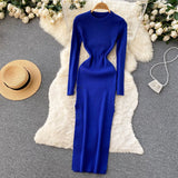 Autumn Senior Knitted Dress Women Long Sleeve Elastic Waist Split Sweater Dress Ladies Party Sexy Warm Long