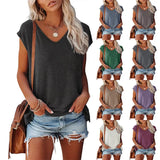 Color V-neck Cotton Blend Casual Loose Sleeveless Top Women's