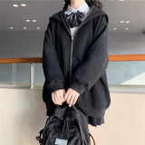 QWEEK Bunny Hoodie with Zipper Kawaii Oversized Sweatshirt 2021 Cardigan Women Long Sleeve Cute Top E Girl Pullover Solid Zip
