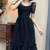 Casual Midi Dress Party Short Sleeve Elegant Vintage Dress Women Chiffon Slim One Piece Dress Korean Fashion 2022