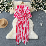 High-End Dress Women Design Feel Strapped Waist Bat Sleeve Pressure Fold Printing Irregular Dress