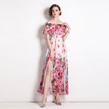 Chiffon Flowy Maxi Dress Runway Women's Ruffles Slash Neck Elastic Waist Romantic Floral Robe Longue Femme