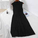 Vintage Half Turtleneck Sleeveless Women Dress Korean 2020 Spring New Arrival Solid Knitted Dresses High Waist