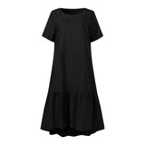 Dress Holiday Summer ZANZEA Short Sleeve Sundress Solid Casual Kaftan Ruffles Loose Vestidos Pockets O-Neck Robe