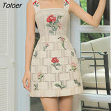 Embroidery Flower Mini Dress Women 2023 Slash Collar Strapped Bodycon Dress Vacation A-line Vintage Party Vestido