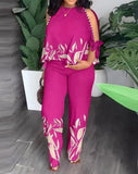 Toloer New Women's Round Neck Nail Bead, Rotator Sleeve T-Shirt And Trousers Positioning Print