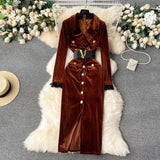 Retro Long-Sleeved Gold Velvet Dress Women's High-End Light Extravagant Suit Collar Waist Metal Button Medium Dress-Outfit