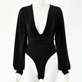 Solid Shaped Waist Sexy Bodycon Bodysuits Women Autumn Deep V-Neck Lantern Sleeve Slim Active Streetwear