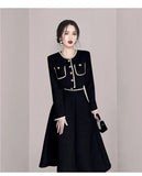 Lady Skirt Suit Elegant Fashion Office OL Tweed Long Sleeve Short Coat + High Waist Big Swing Midi Skirts 2-piece