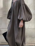 Spring Summer New Women's Dress Fashion V-Neck Belt Solid Color Bubble Sleeve Fold Loose Leisure Women's Dress Long