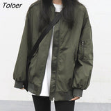 Oversized Army Green Bomber Jacket Women Harajuku Long Sleevd Zipper Up Coats Woman Round Neck Loose Autumn Coats