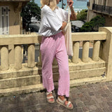 Women's Y2K Vintage Summer Casual Ankle-Length Pants Plaid Drawstring High Waist Straight Leg Trousers Daily Wear-Outfit