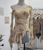 Tie-Dye-Print Oblique Shoulder Dress Repair Irregular Lotus Horn Long-Sleeved Mesh T-Shirt