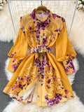 2022 Spring Runway Boho Mini Dress Women Shirt Lepal Long Sleeve Floral Print Female Chic Belt Holiday Dress