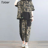 Women's Suits Cotton Oversized Camouflage Clothing Suit Summer Loose Short Sleeve Hoodies Casual Nine-point Pants Two Piece