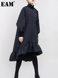 Women Black Cotton-padded Ruffles Dress New Turtleneck Long Sleeve Loose Fit Fashion Tide Autumn Winter 2022